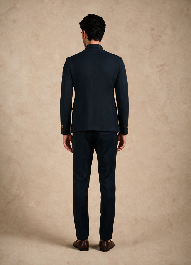 Manyavar Men Blue Knit Jodhpuri Suit with Embellishments
