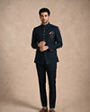 Manyavar Men Blue Knit Jodhpuri Suit with Embellishments