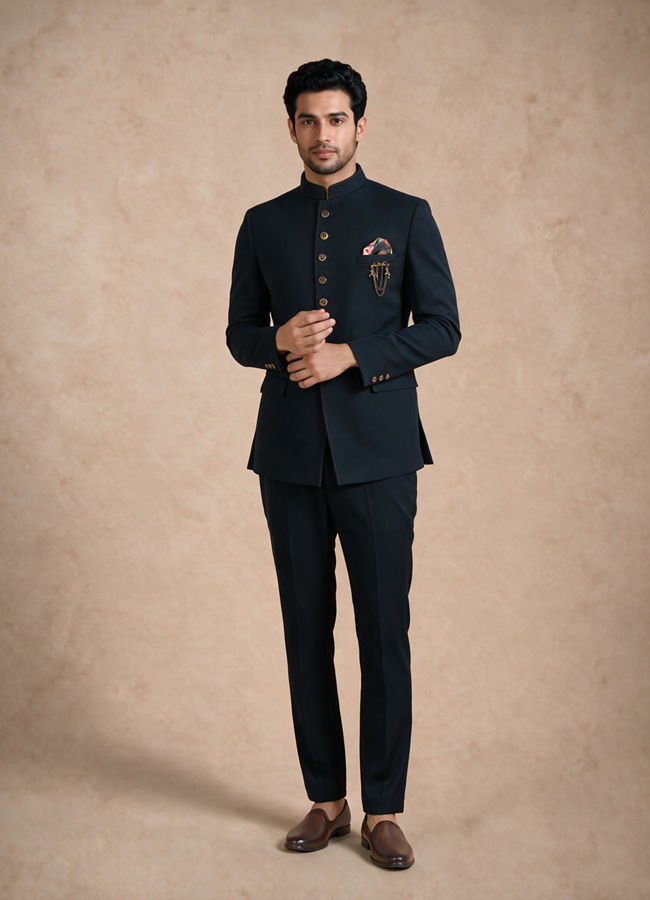 Manyavar Men Blue Knit Jodhpuri Suit with Embellishments