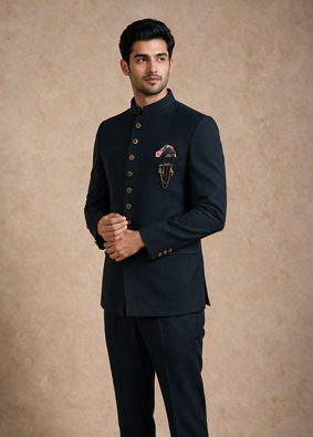 Manyavar Men Blue Knit Jodhpuri Suit with Embellishments