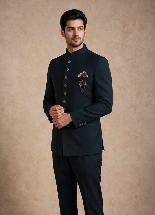 Manyavar Men Blue Knit Jodhpuri Suit with Embellishments