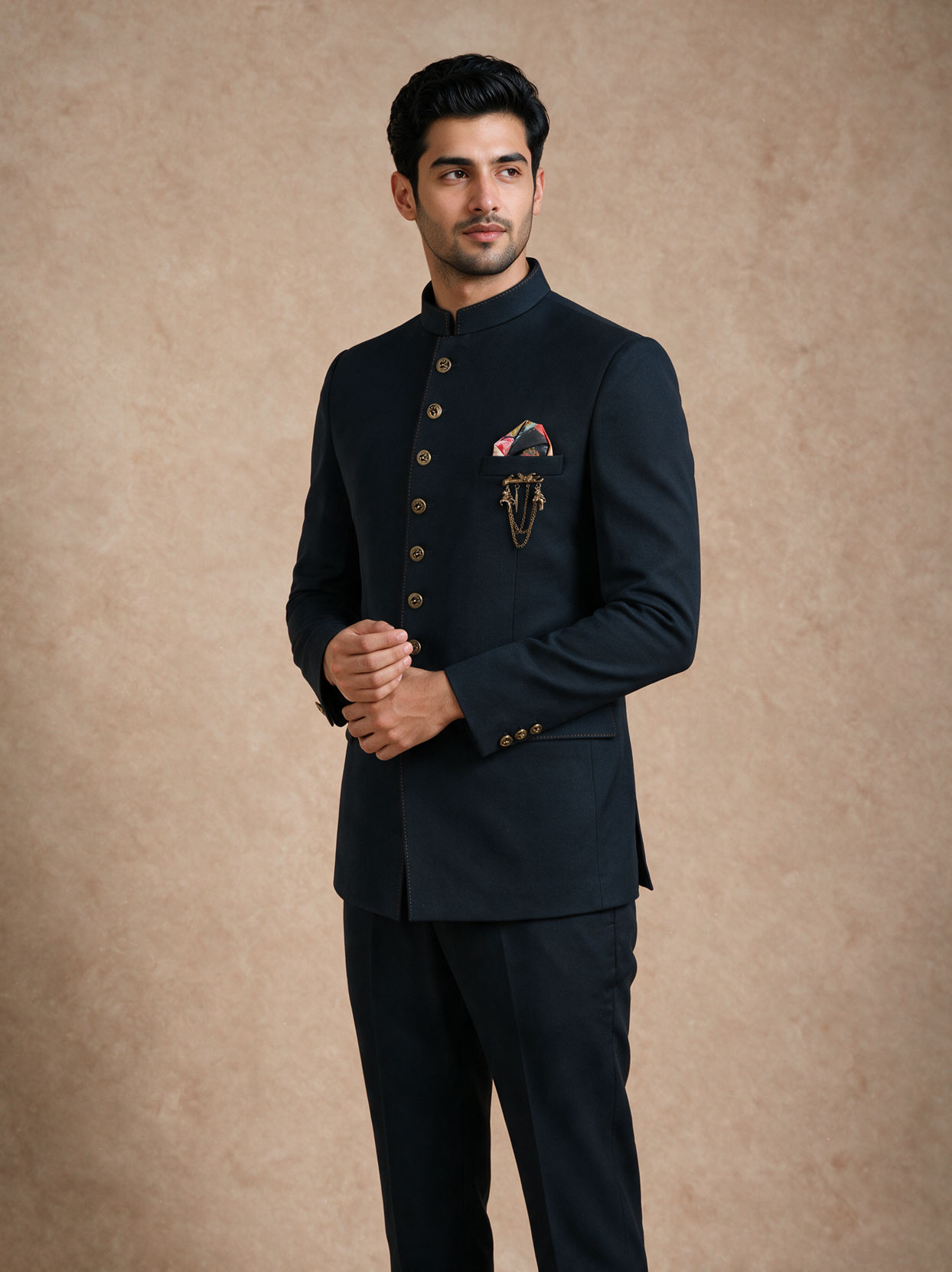 Manyavar Men Blue Knit Jodhpuri Suit with Embellishments