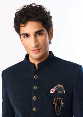 Manyavar Men Blue Knit Jodhpuri Suit with Embellishments