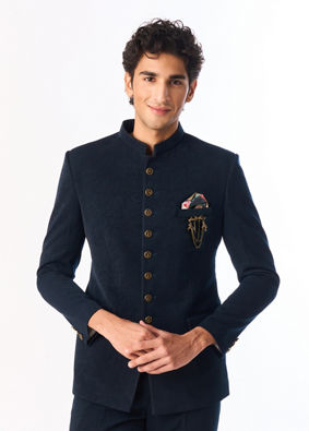 Manyavar Men Blue Knit Jodhpuri Suit with Embellishments