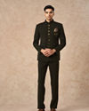Manyavar Men Olive Green Knit Jodhpuri Suit with Pocket Square