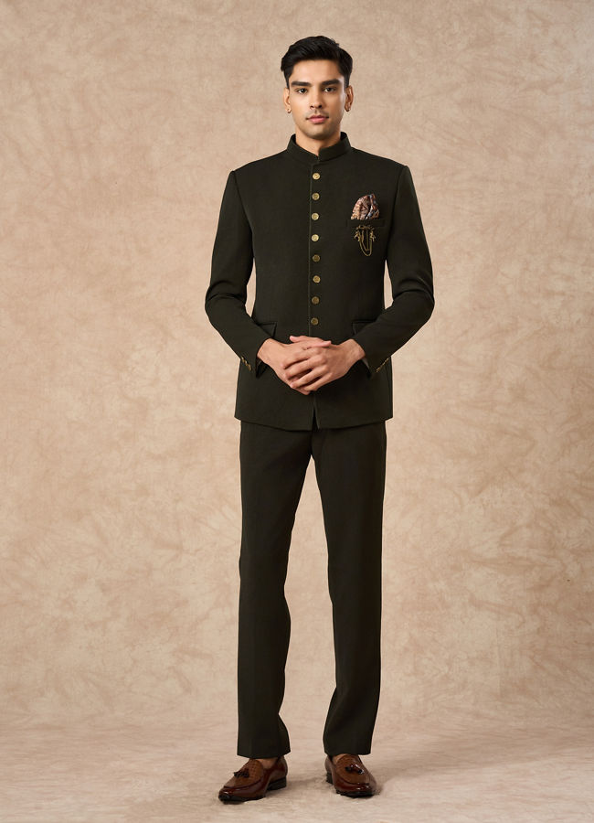 Manyavar Men Olive Green Knit Jodhpuri Suit with Pocket Square