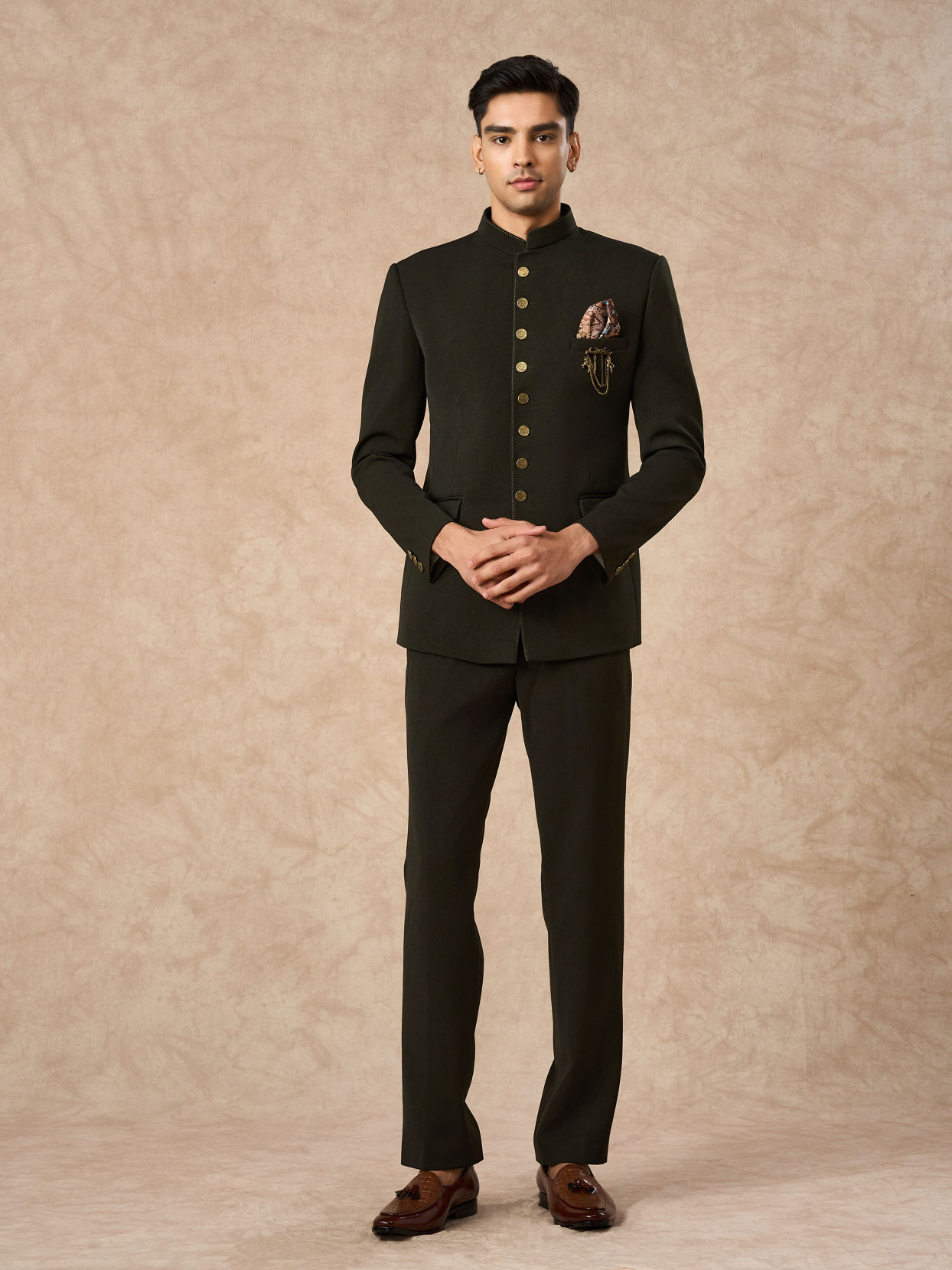 Manyavar Men Olive Green Knit Jodhpuri Suit with Pocket Square
