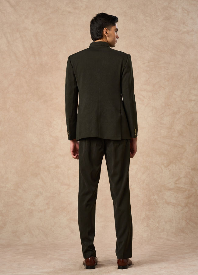 Manyavar Men Olive Green Knit Jodhpuri Suit with Pocket Square