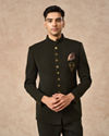 Manyavar Men Olive Green Knit Jodhpuri Suit with Pocket Square