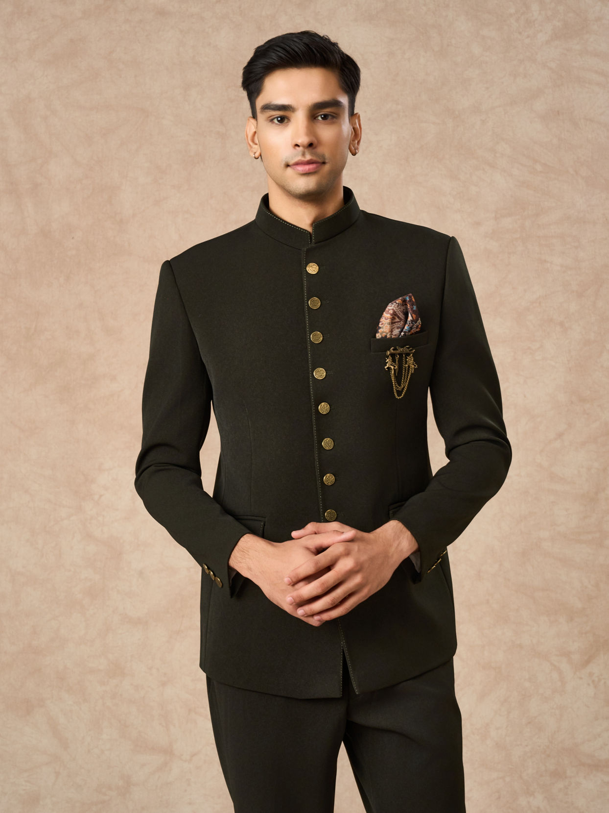Manyavar Men Olive Green Knit Jodhpuri Suit with Pocket Square