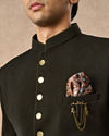 Manyavar Men Olive Green Knit Jodhpuri Suit with Pocket Square