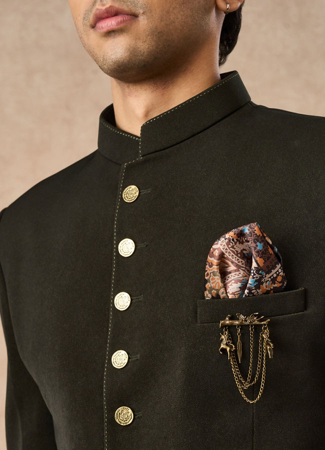 Manyavar Men Olive Green Knit Jodhpuri Suit with Pocket Square
