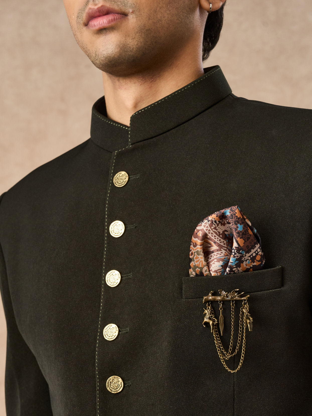 Manyavar Men Olive Green Knit Jodhpuri Suit with Pocket Square