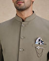 Manyavar Men Green Blended Rayon Jodhpuri Suit with Pocket Square