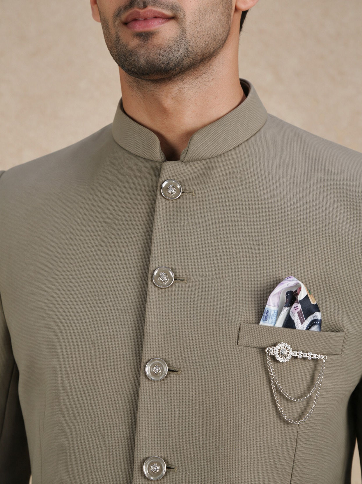 Manyavar Men Green Blended Rayon Jodhpuri Suit with Pocket Square