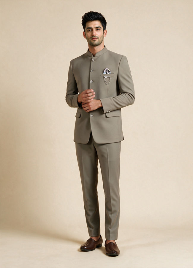 Manyavar Men Green Blended Rayon Jodhpuri Suit with Pocket Square
