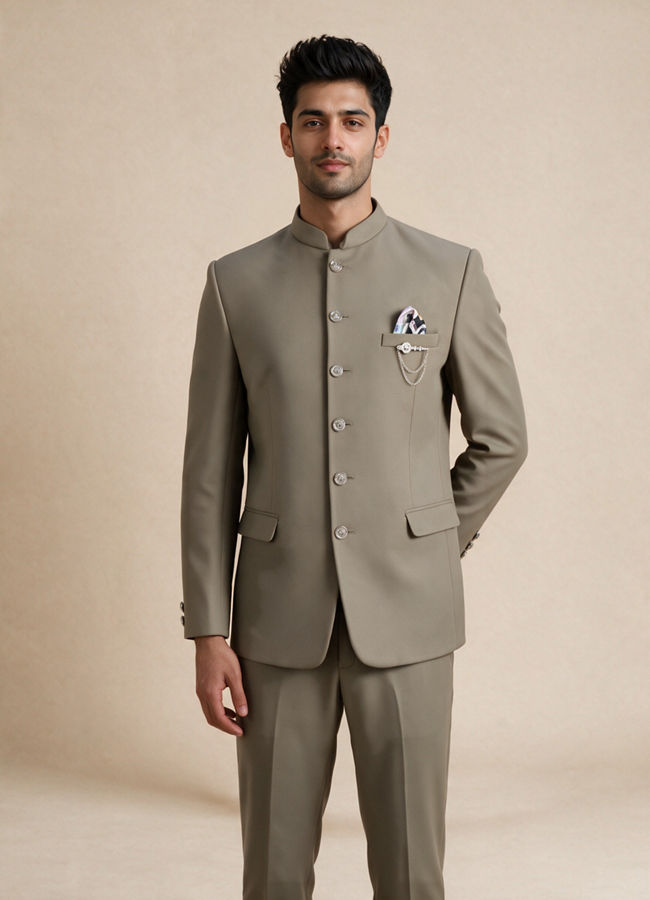 Manyavar Men Green Blended Rayon Jodhpuri Suit with Pocket Square