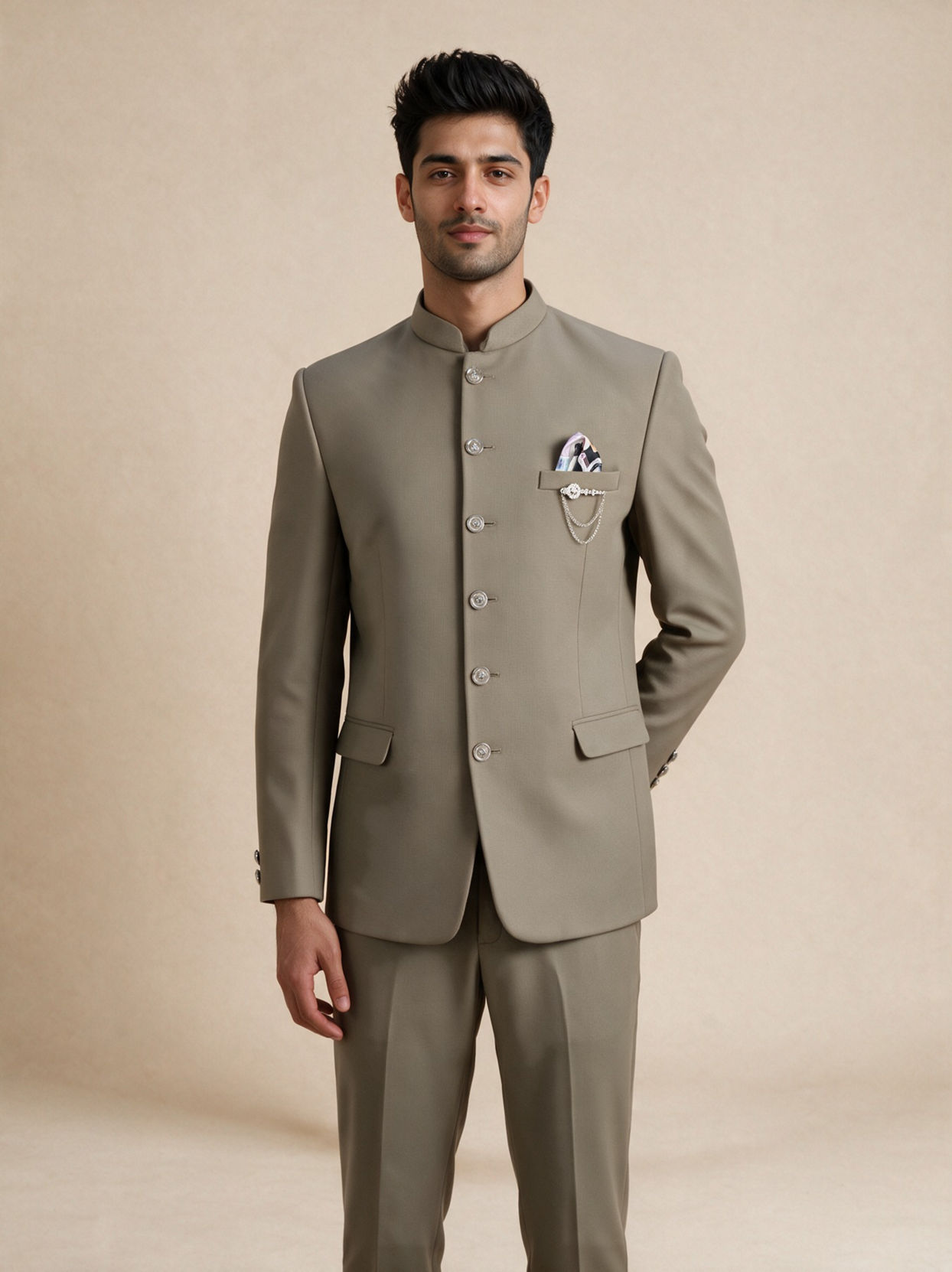Manyavar Men Green Blended Rayon Jodhpuri Suit with Pocket Square