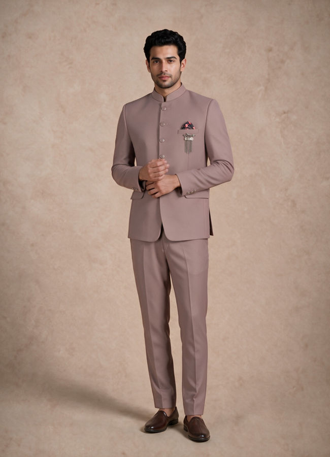 Manyavar Men Dusty Pink Blended Rayon Jodhpuri Suit with Pocket Square