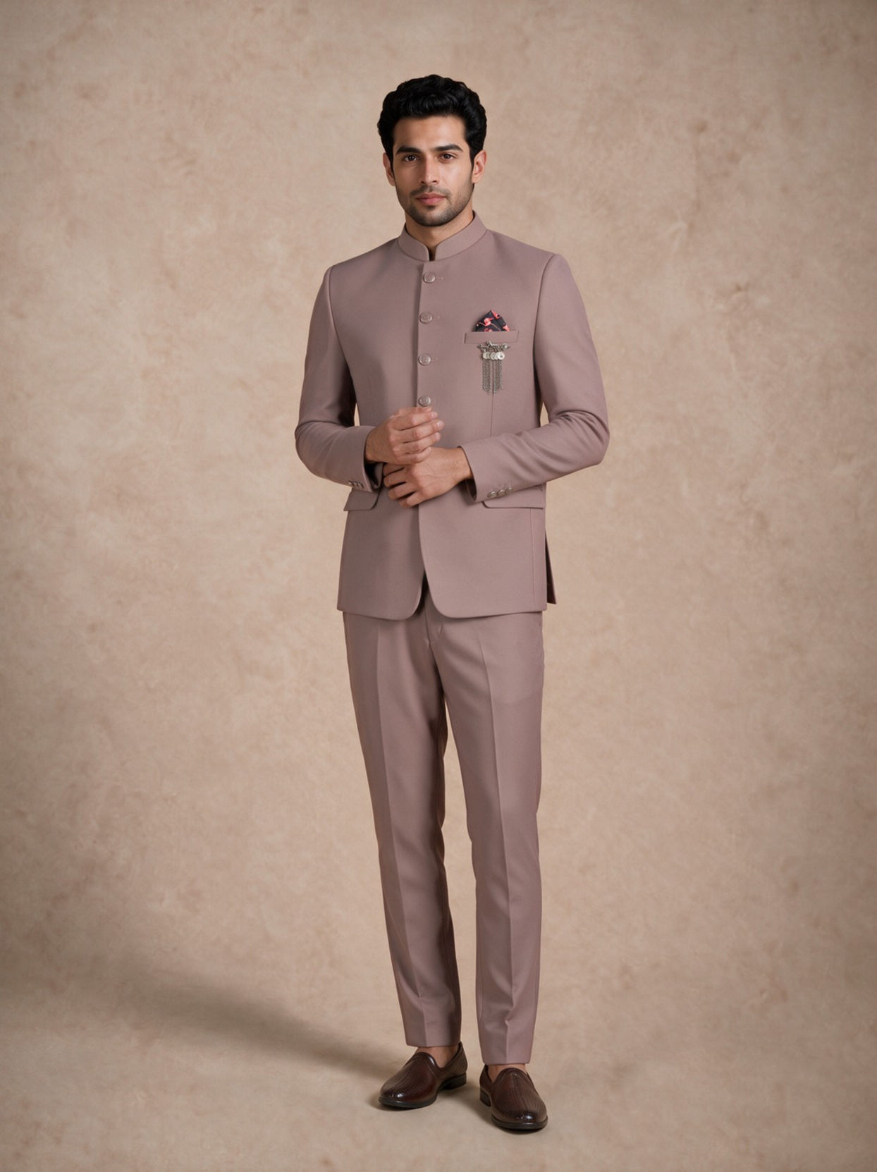 Manyavar Men Dusty Pink Blended Rayon Jodhpuri Suit with Pocket Square