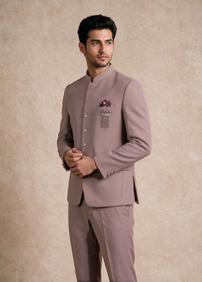 Manyavar Men Dusty Pink Blended Rayon Jodhpuri Suit with Pocket Square