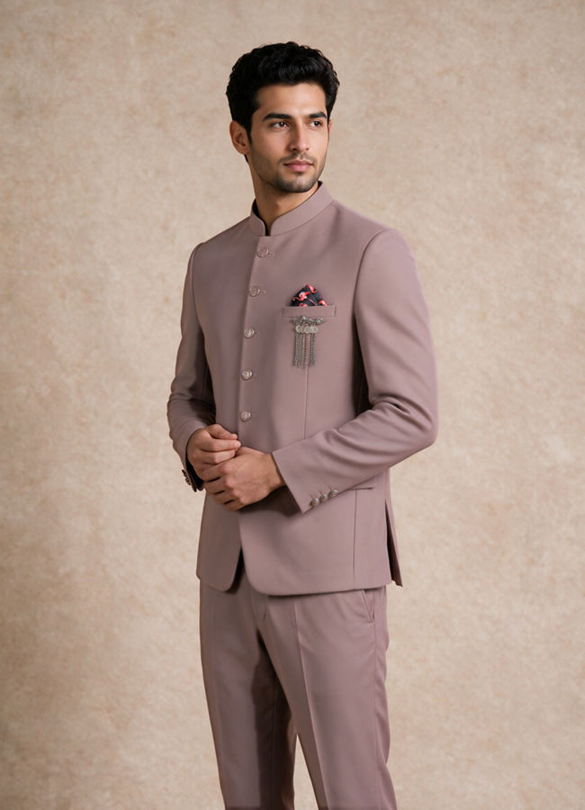 Manyavar Men Dusty Pink Blended Rayon Jodhpuri Suit with Pocket Square