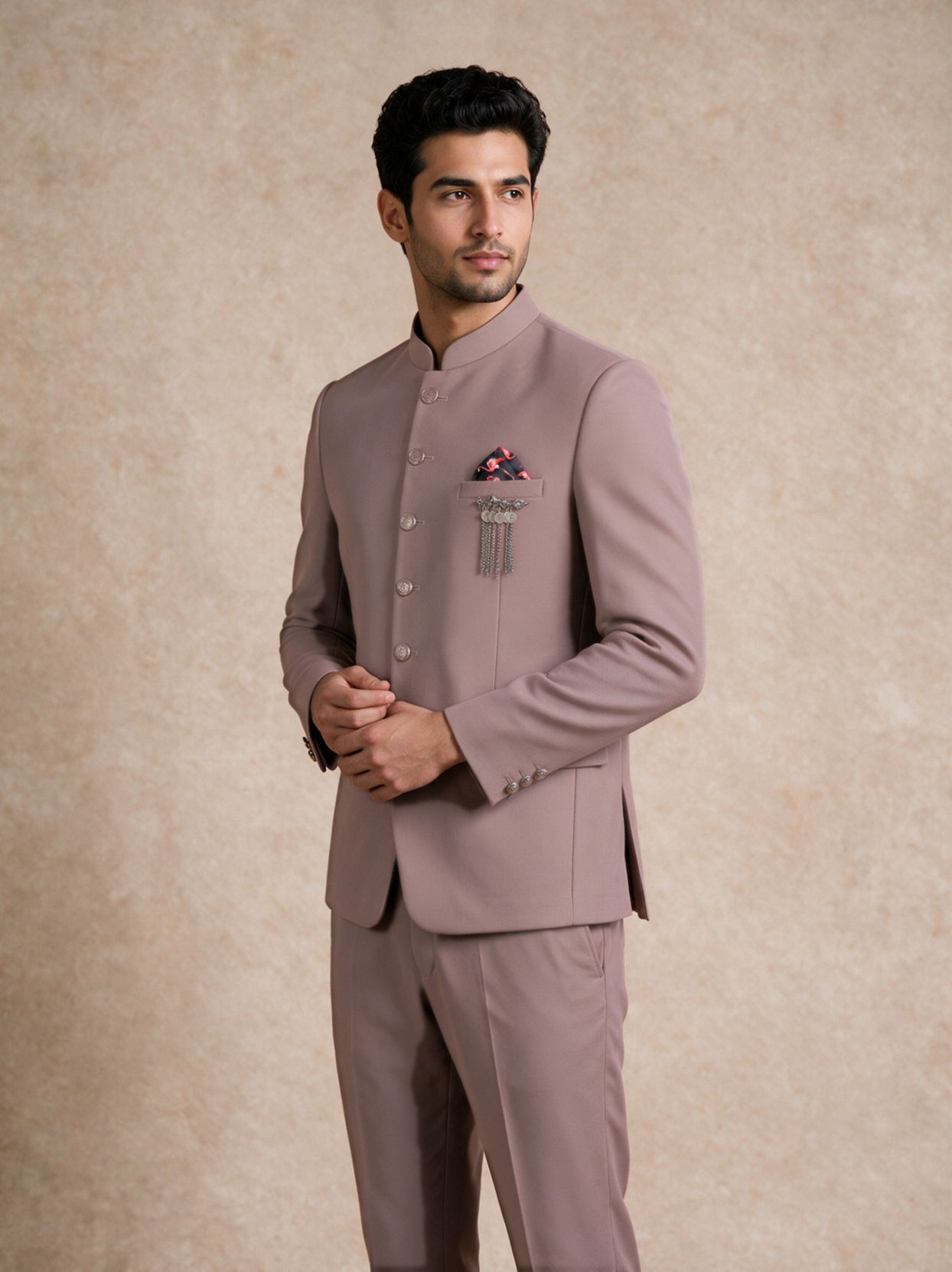 Manyavar Men Dusty Pink Blended Rayon Jodhpuri Suit with Pocket Square