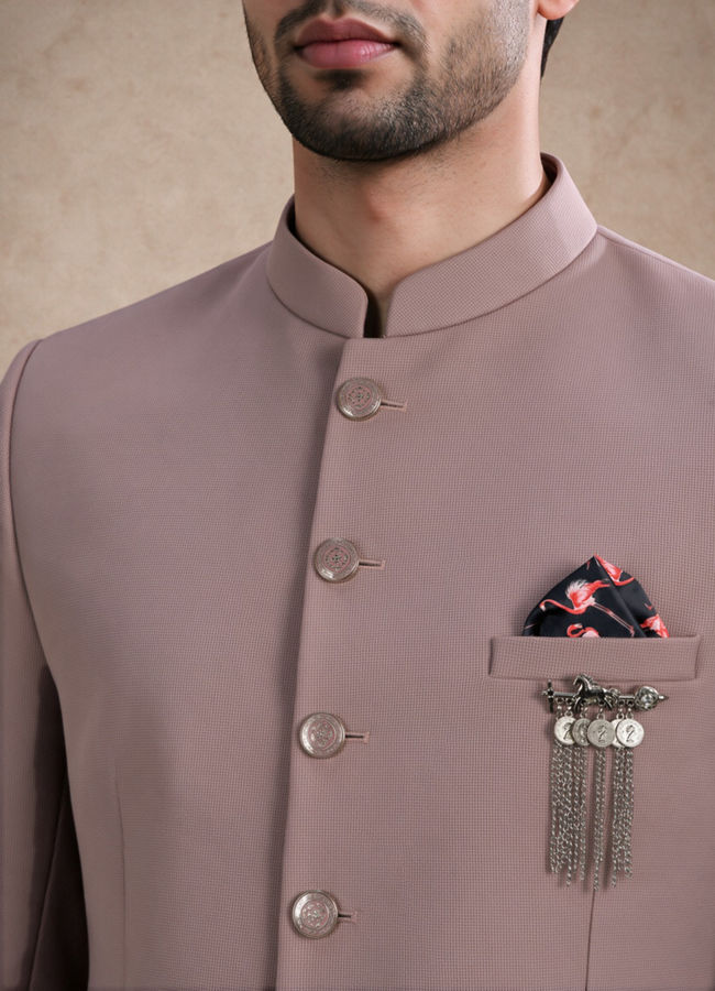 Manyavar Men Dusty Pink Blended Rayon Jodhpuri Suit with Pocket Square