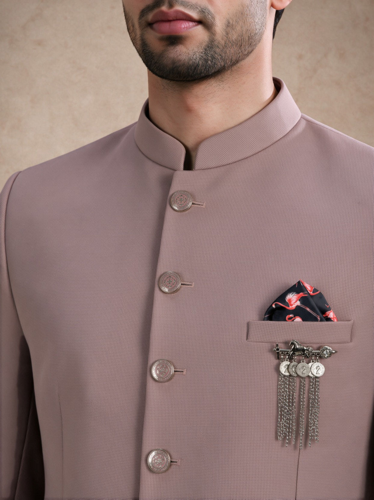 Manyavar Men Dusty Pink Blended Rayon Jodhpuri Suit with Pocket Square