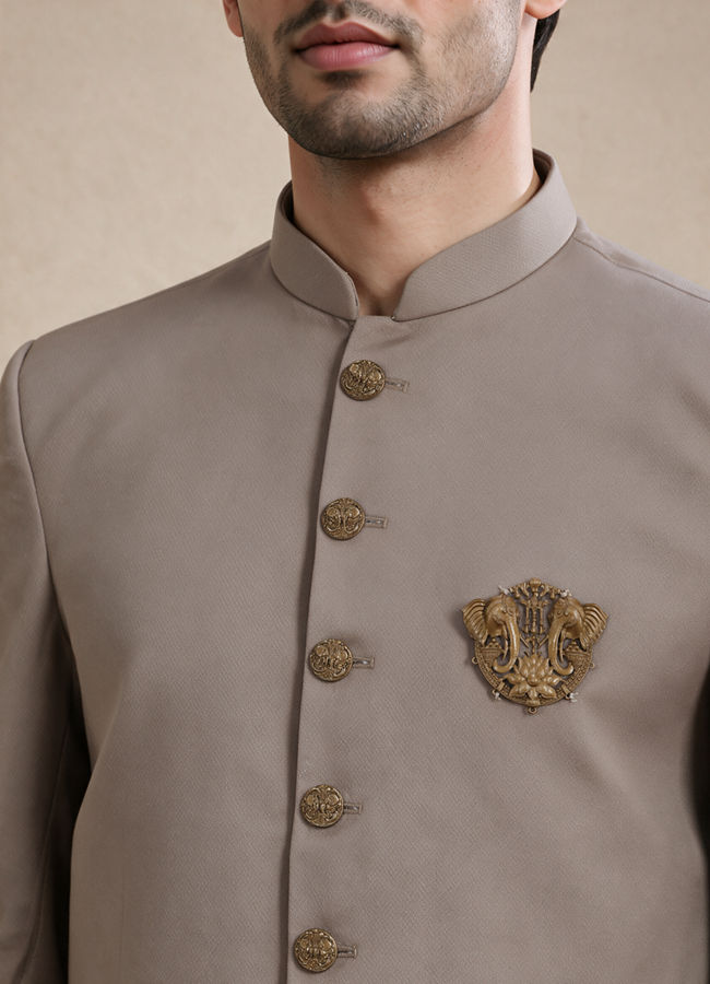 Manyavar Men Beige Blended Rayon Jodhpuri Suit with Embellishment