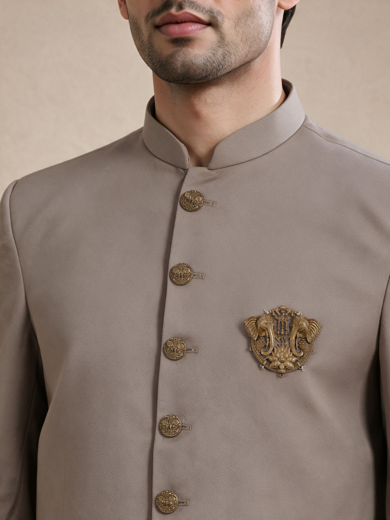 Manyavar Men Beige Blended Rayon Jodhpuri Suit with Embellishment