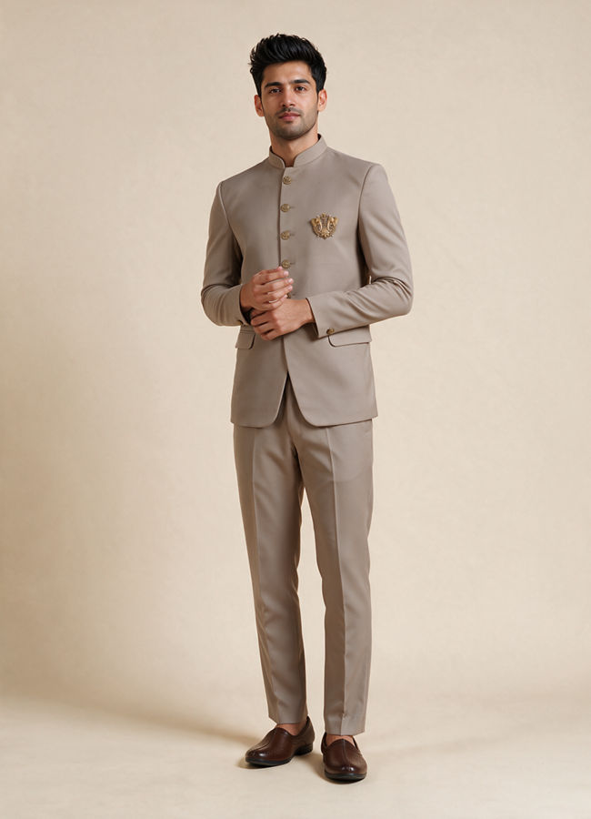 Manyavar Men Beige Blended Rayon Jodhpuri Suit with Embellishment