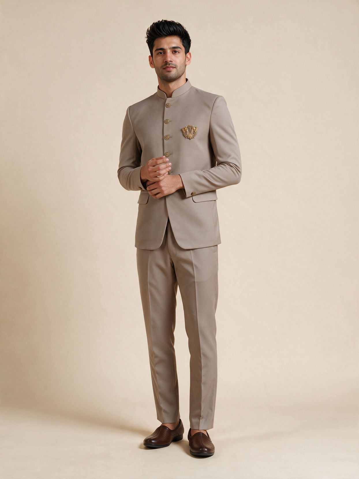 Manyavar Men Beige Blended Rayon Jodhpuri Suit with Embellishment