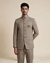 Manyavar Men Beige Blended Rayon Jodhpuri Suit with Embellishment