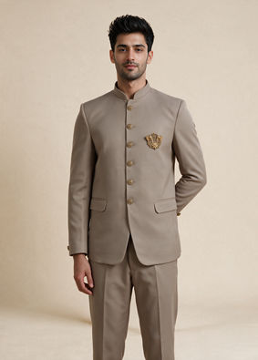Manyavar Men Beige Blended Rayon Jodhpuri Suit with Embellishment