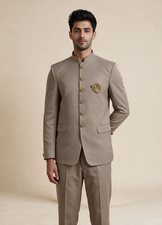 Manyavar Men Beige Blended Rayon Jodhpuri Suit with Embellishment