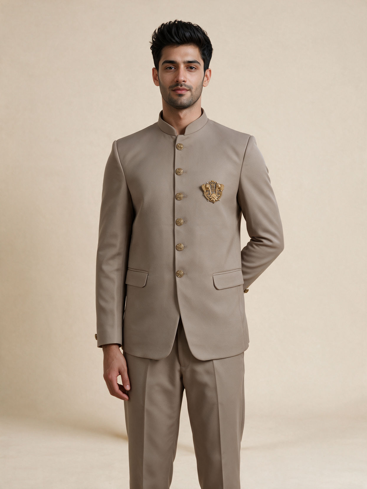Manyavar Men Beige Blended Rayon Jodhpuri Suit with Embellishment