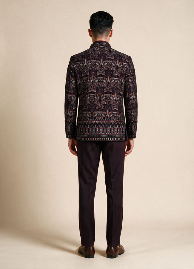 Manyavar Men Wine Velvet Jodhpuri Suit with Embroidery