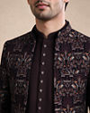 Manyavar Men Wine Velvet Jodhpuri Suit with Embroidery