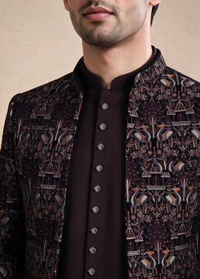 Manyavar Men Wine Velvet Jodhpuri Suit with Embroidery