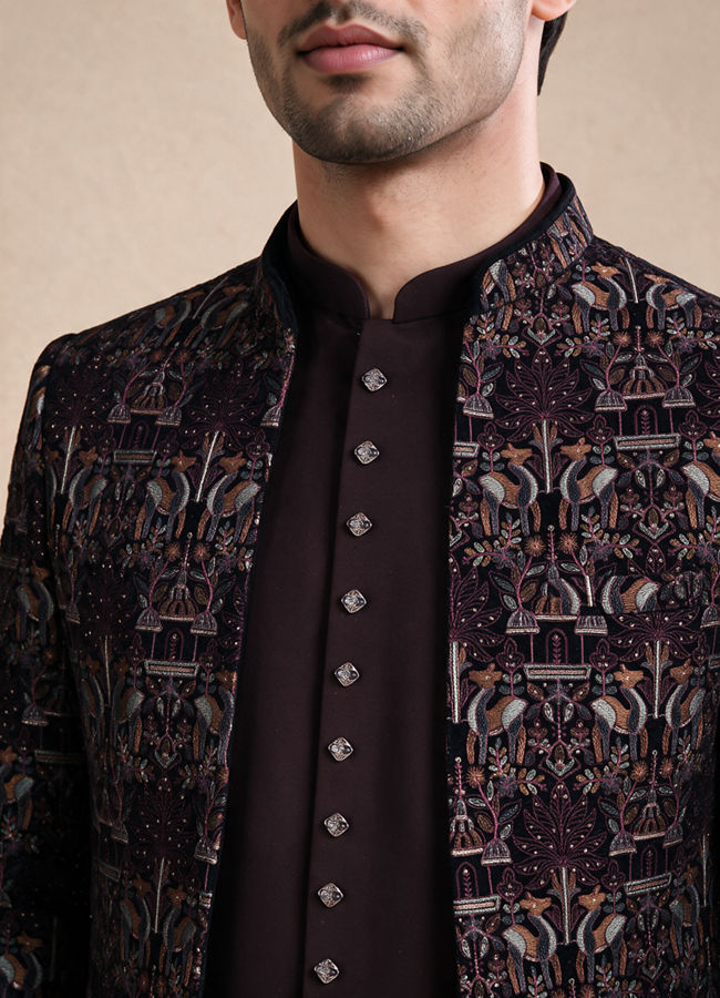 Manyavar Men Wine Velvet Jodhpuri Suit with Embroidery