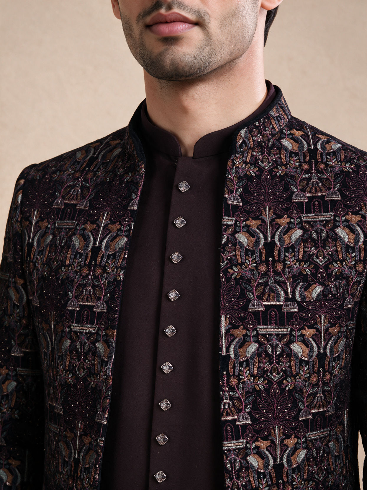 Manyavar Men Wine Velvet Jodhpuri Suit with Embroidery
