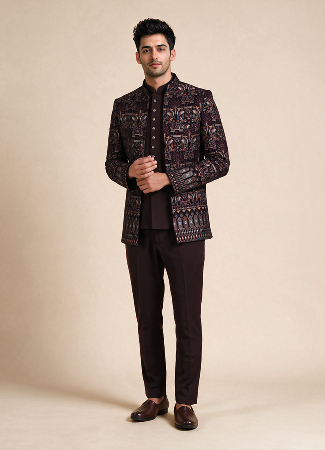 Manyavar Men Wine Velvet Jodhpuri Suit with Embroidery