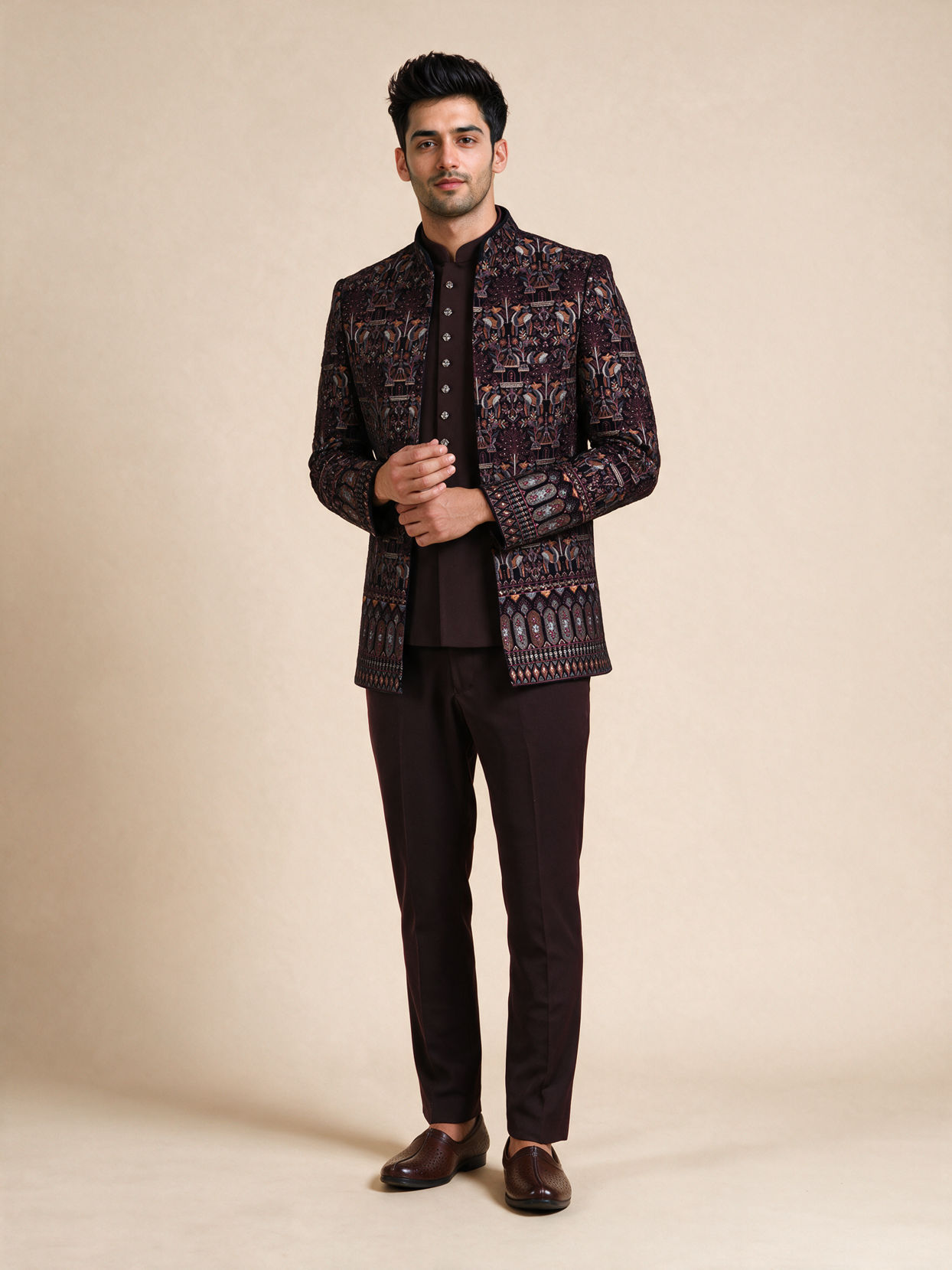 Manyavar Men Wine Velvet Jodhpuri Suit with Embroidery