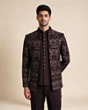 Manyavar Men Wine Velvet Jodhpuri Suit with Embroidery