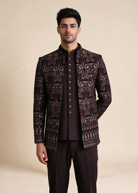 Manyavar Men Wine Velvet Jodhpuri Suit with Embroidery