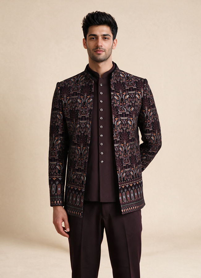 Manyavar Men Wine Velvet Jodhpuri Suit with Embroidery