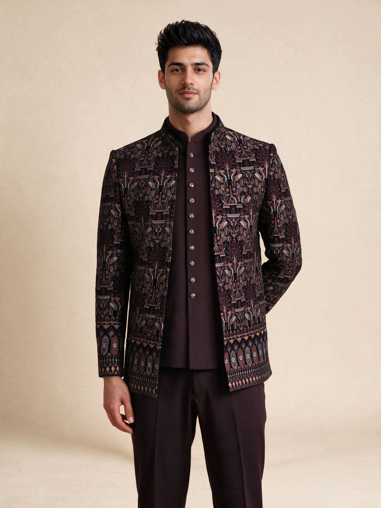 Manyavar Men Wine Velvet Jodhpuri Suit with Embroidery
