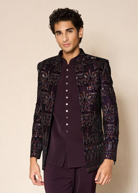 Manyavar Men Wine Velvet Jodhpuri Suit with Embroidery