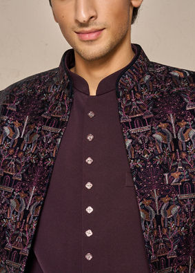 Manyavar Men Wine Velvet Jodhpuri Suit with Embroidery